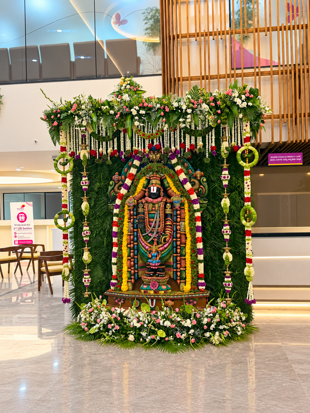 Traditional floral installation at Kauvery Hospital