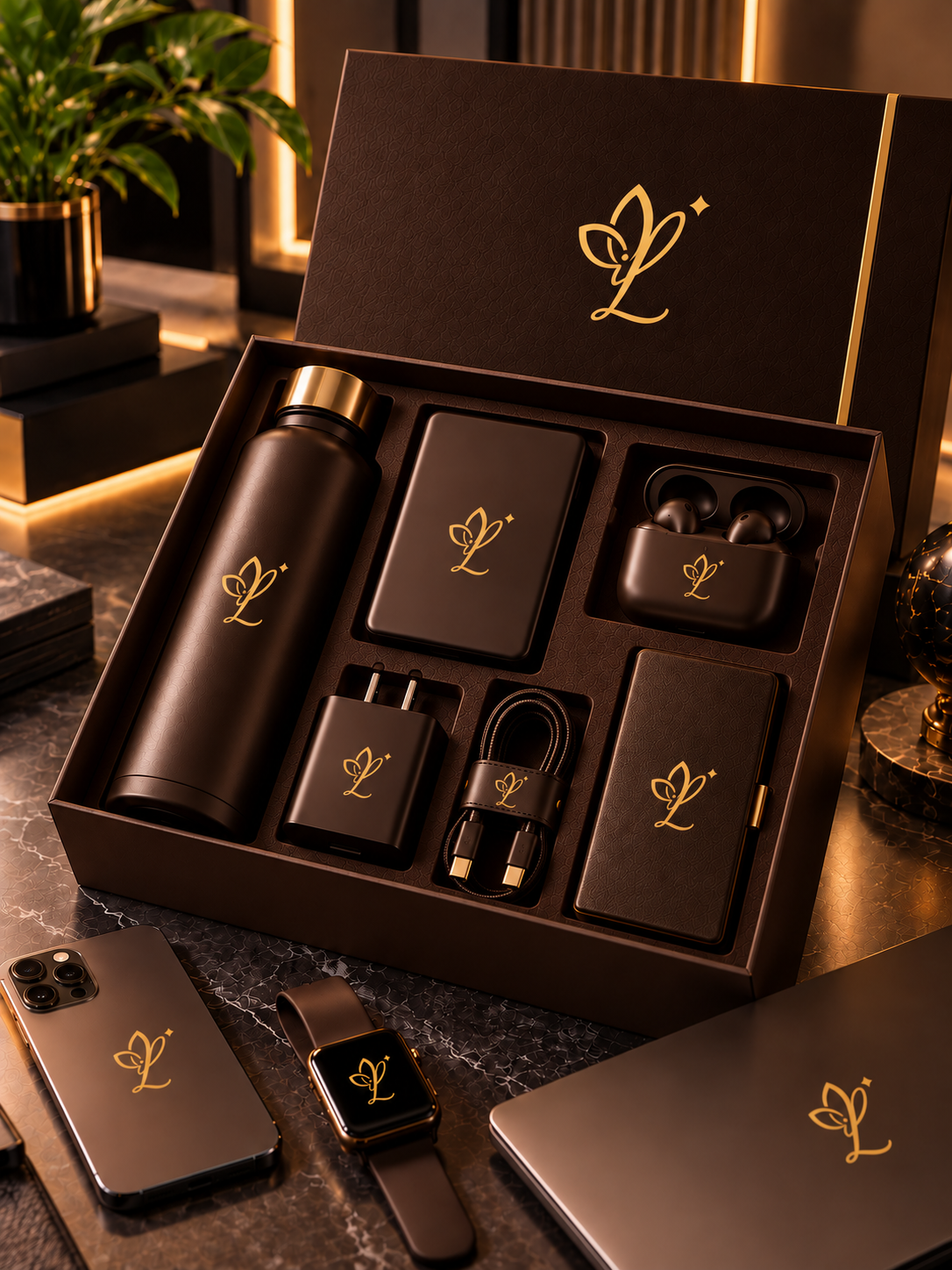 Premium corporate gift hamper with gold branding